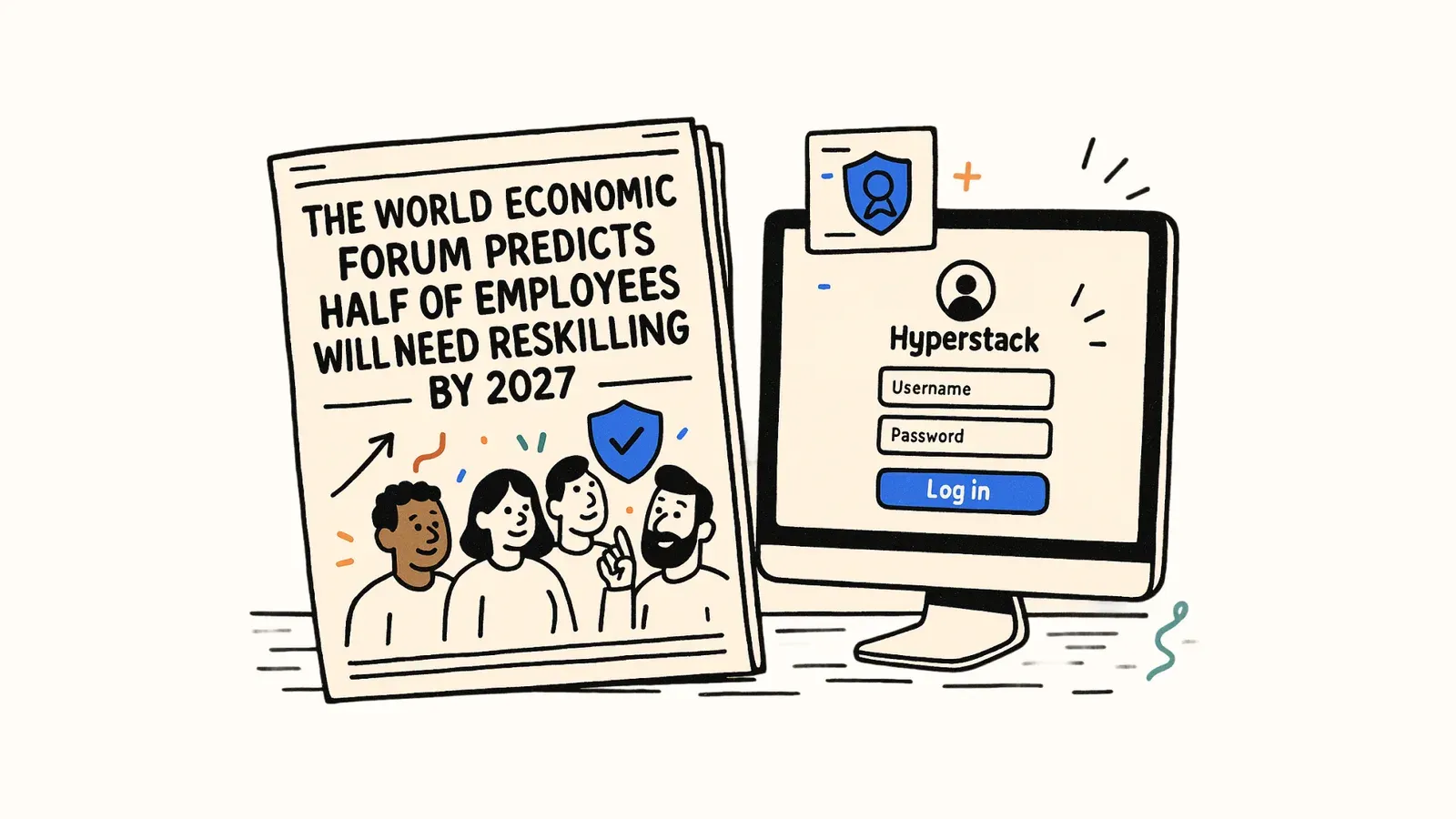 Sketch: WEF predicts half of employees need reskilling by 2027, beside a Hyperstack login