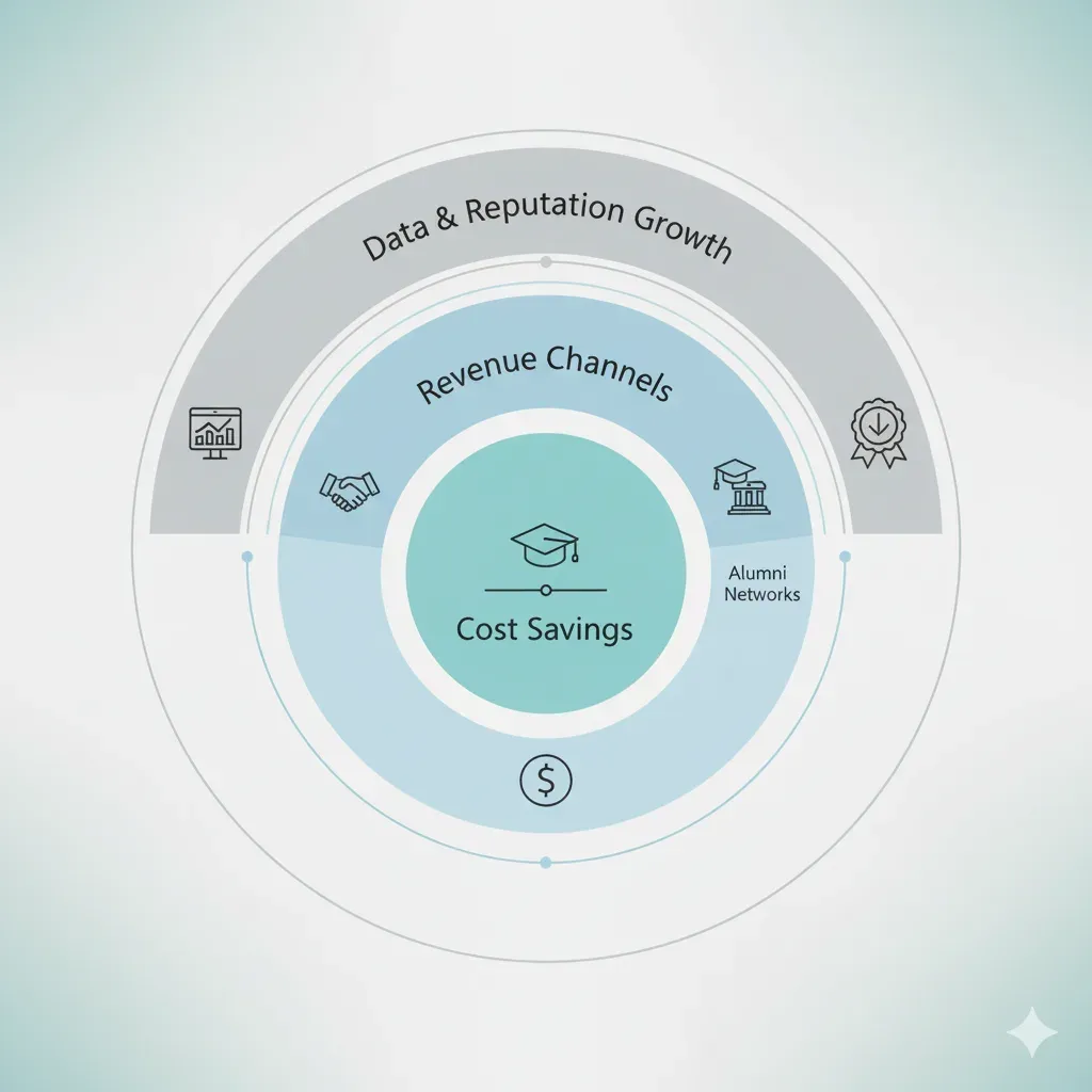 Layered circle diagram: cost savings, revenue channels, then data and reputation growth