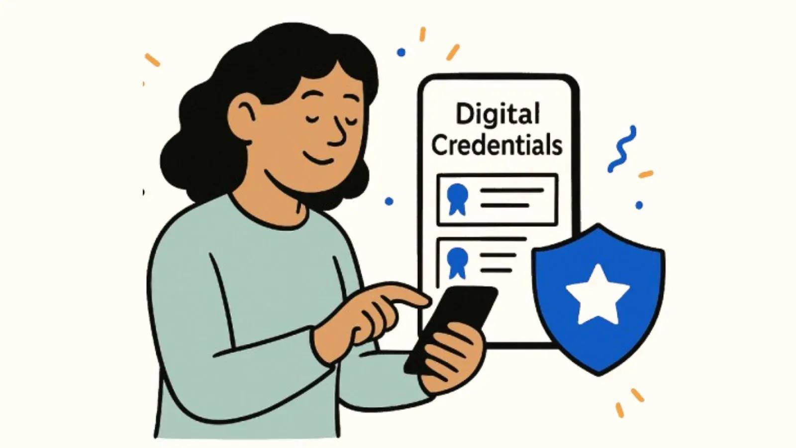 Woman using her phone to view her digital credentials, beside a shield with a star