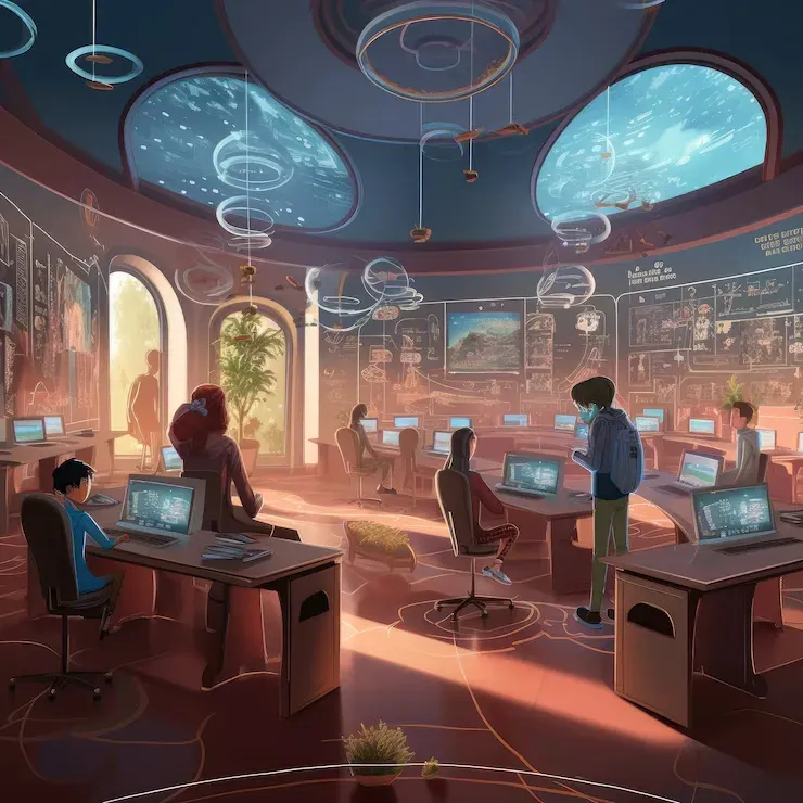 Illustrated futuristic classroom with students working at computers