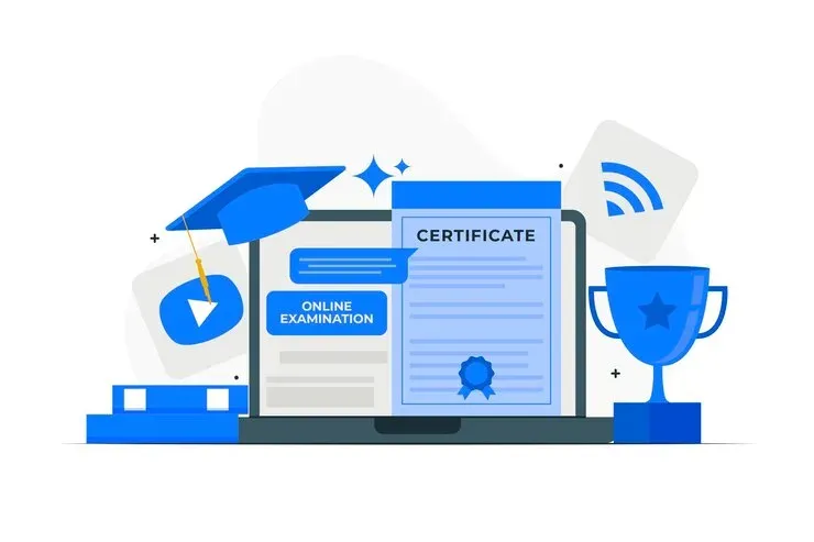 Illustration of an online exam, certificate, graduation cap and trophy around a laptop