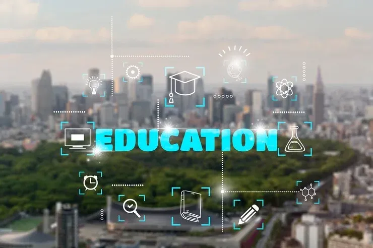 City skyline overlaid with the word Education and learning icons