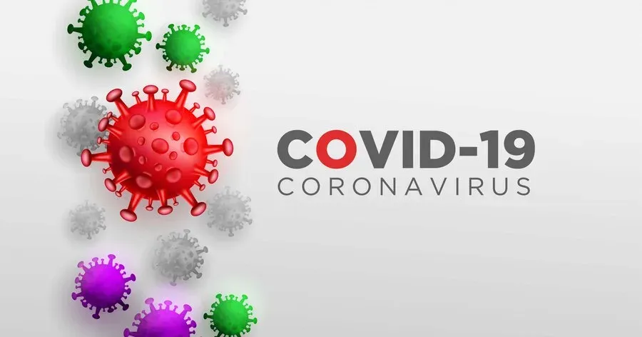 COVID-19 coronavirus illustration with red, green and purple virus particles