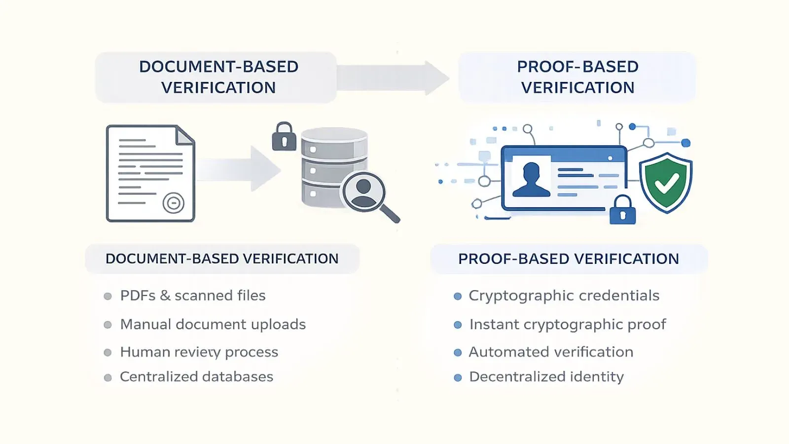 Document-based verification with PDFs and manual review compared with cryptographic proof-based verification