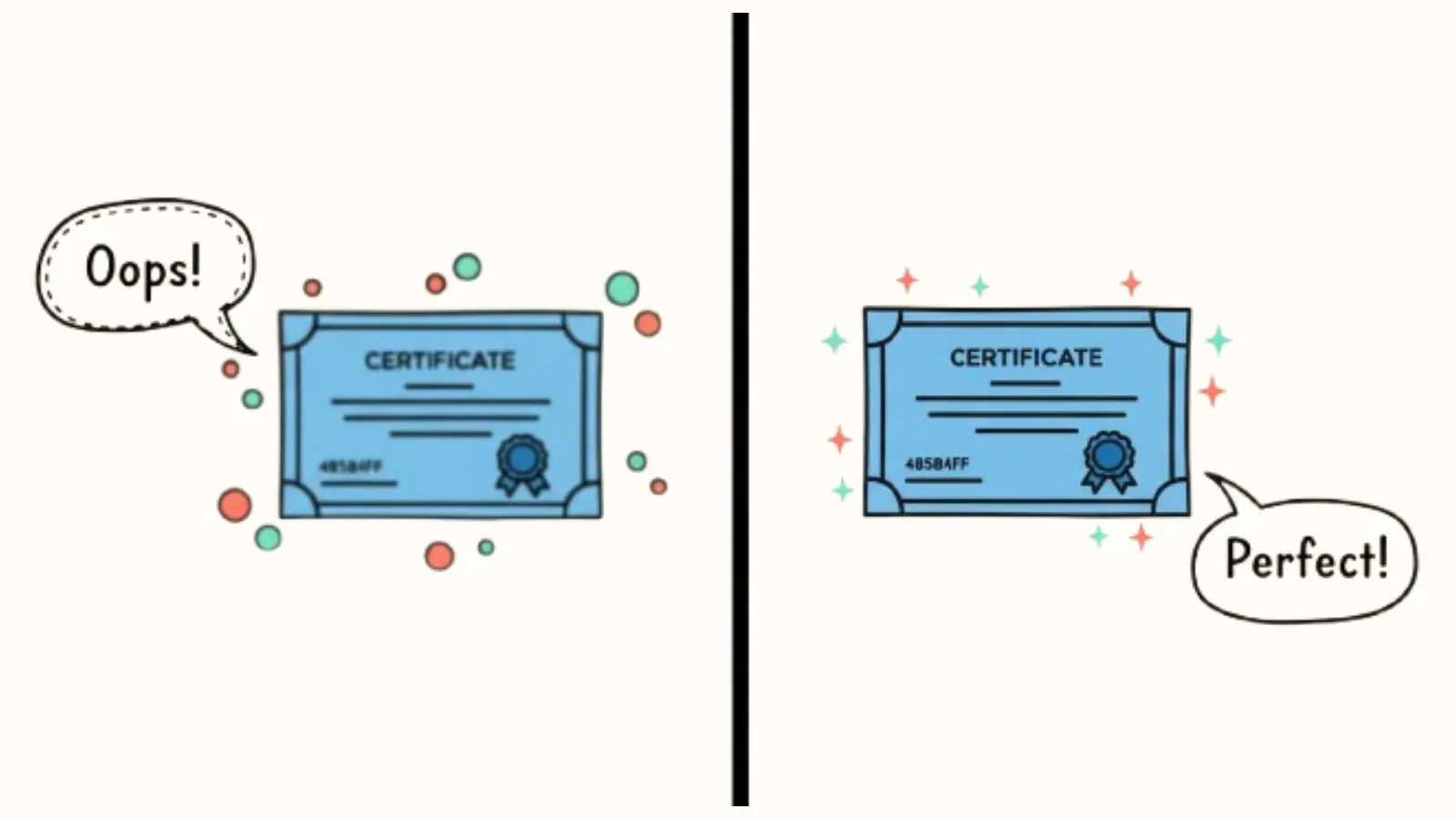 Illustration contrasting a blurry certificate labelled Oops with a sharp one labelled Perfect