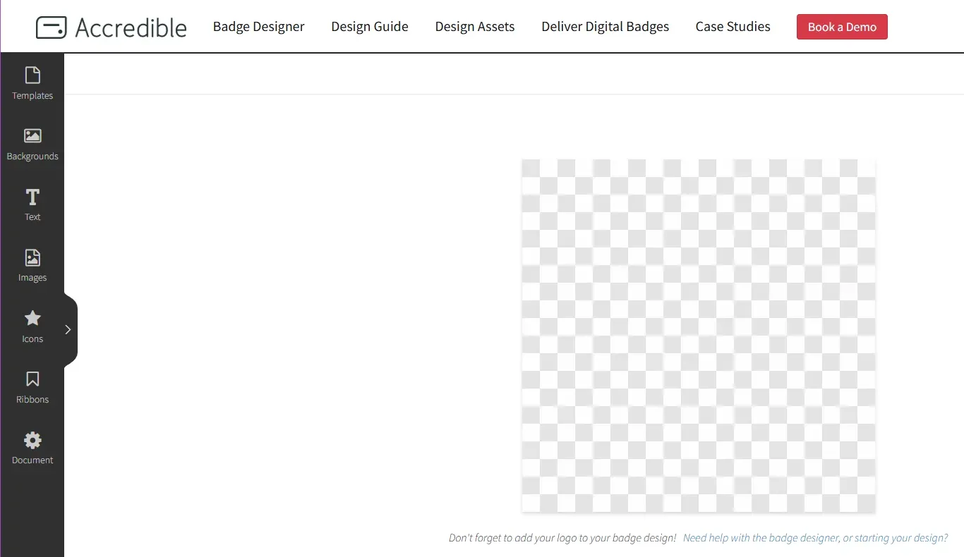 Accredible badge designer with an empty canvas and template, text and icon tools