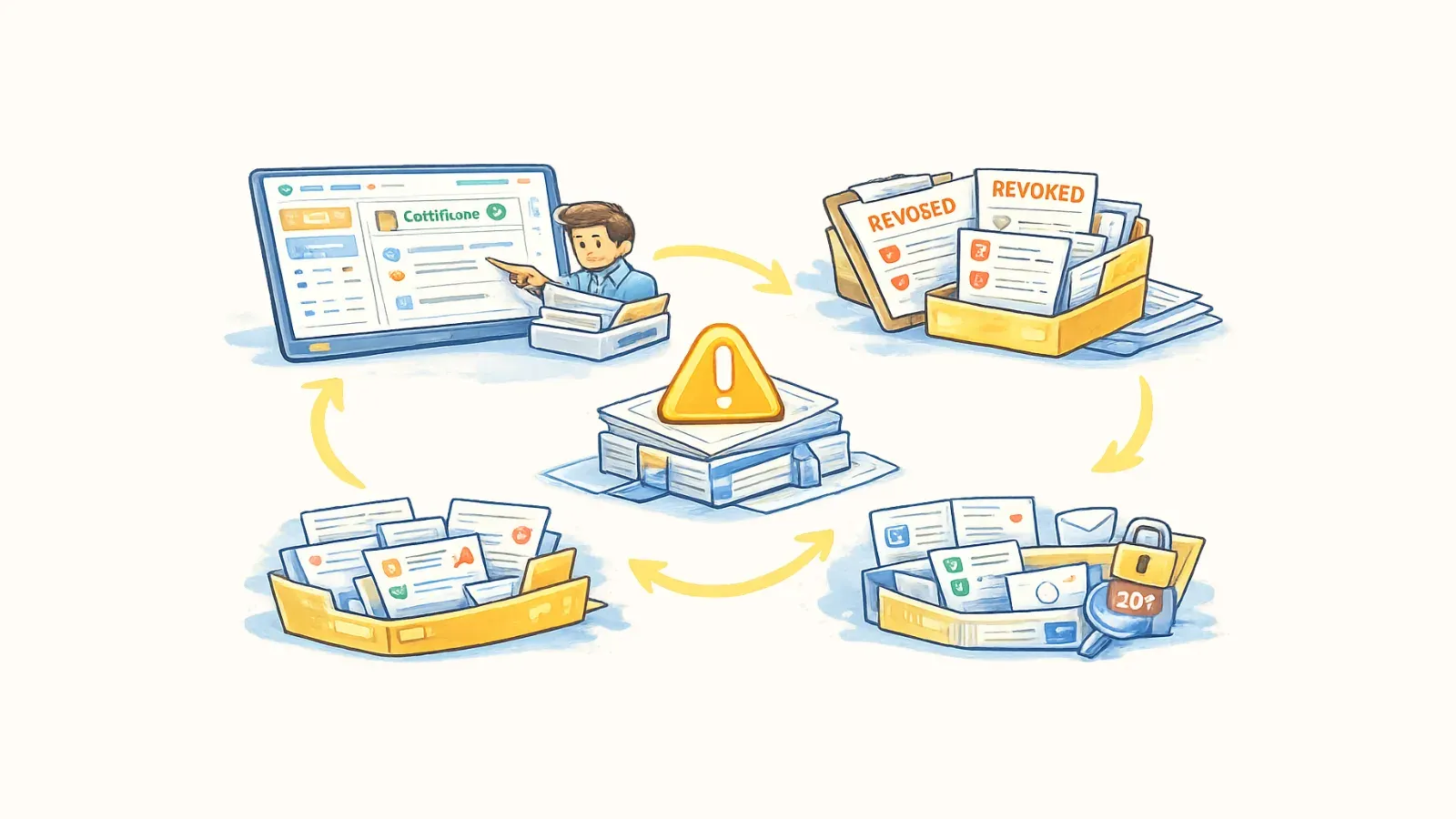 Cycle of manual certificate work, revoked records and archives around a warning sign