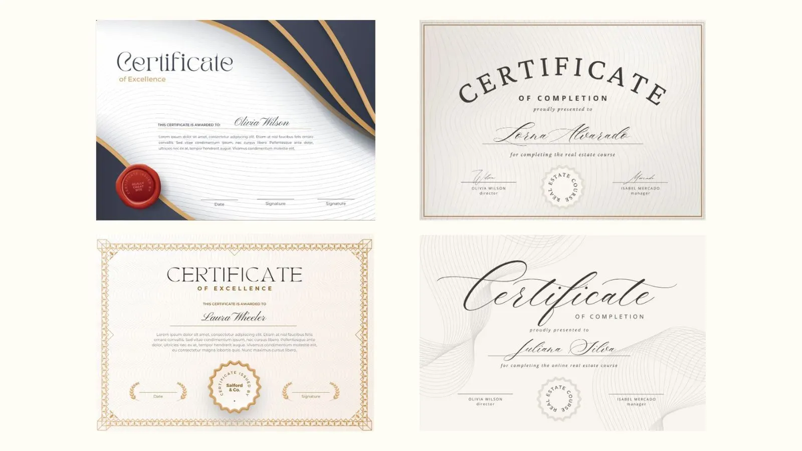Four sample Canva certificate templates for excellence and course completion