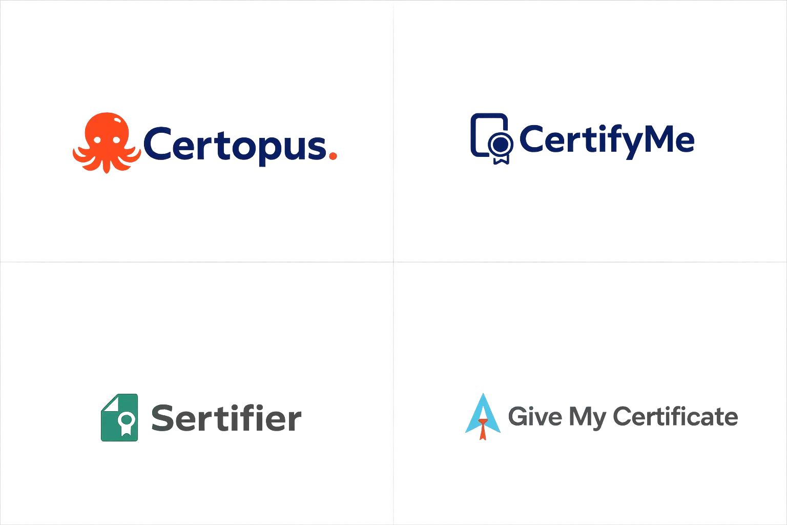 Logos of Certopus, CertifyMe, Sertifier and Give My Certificate