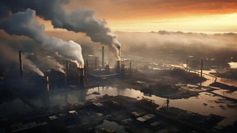 Aerial view of factory chimneys releasing smoke over an industrial area
