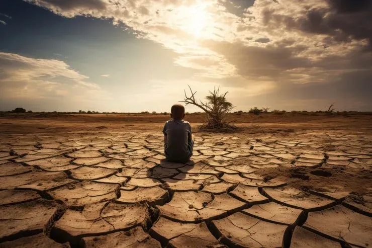 Child sitting alone on cracked, drought-dried earth