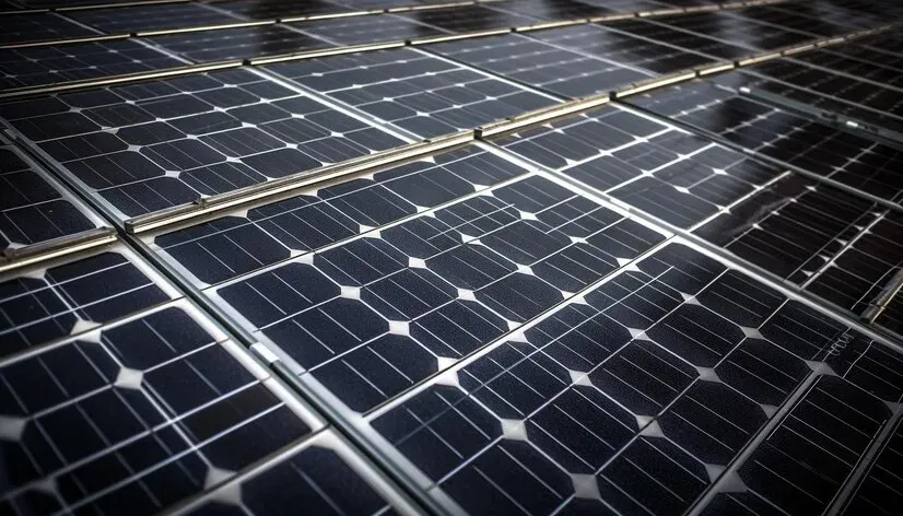 Close-up of rows of dark solar panel cells