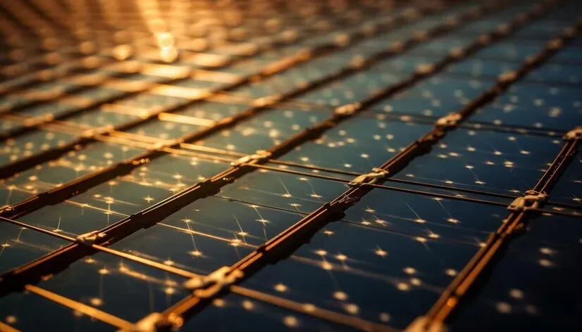 Close-up of solar cells glowing in warm light