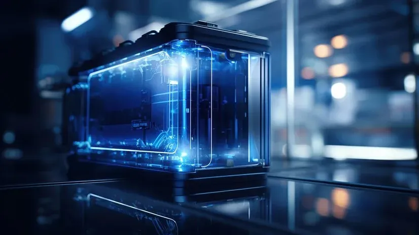 Glowing blue battery unit in a high-tech lab