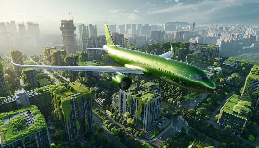 Green aircraft flying over a city covered in greenery