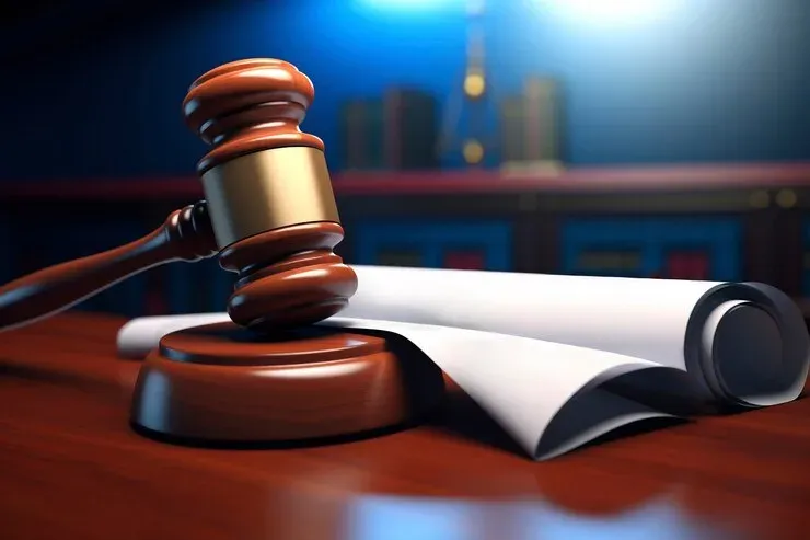 Judge's gavel resting beside a rolled document