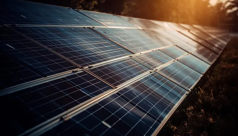 Long row of solar panels lit by low sunlight
