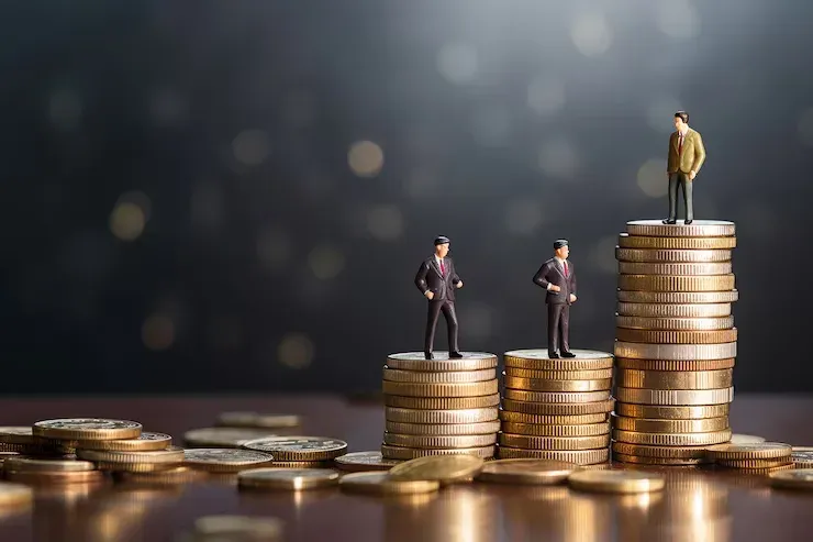 Miniature businessmen standing on stacks of coins of rising height