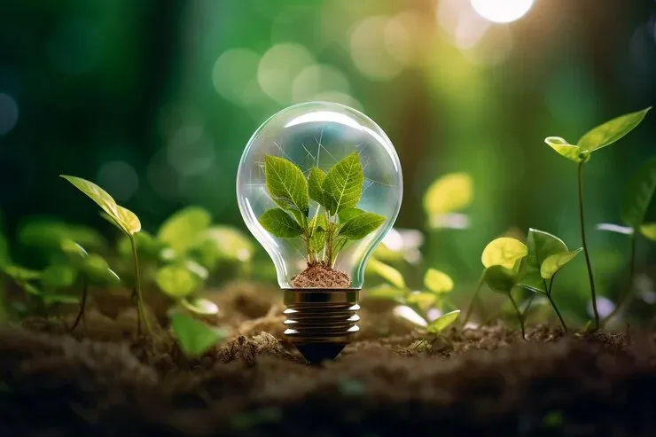 Small plant growing inside a light bulb on a forest floor