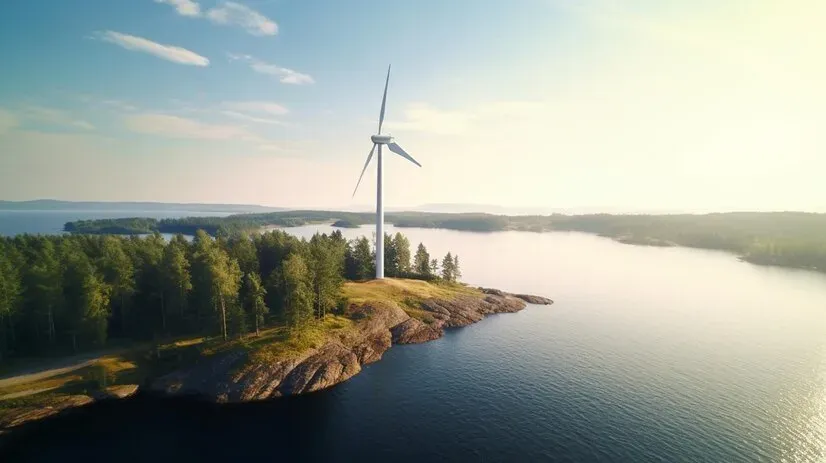 Wind turbine on a forested lakeside headland