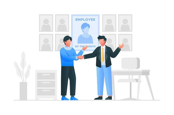 Illustration of two colleagues shaking hands below an Employee of the Month poster