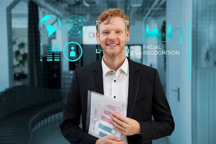 Smiling businessman holding a document, with facial recognition graphics