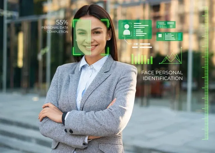 Smiling businesswoman with face identification graphics and profile data overlays