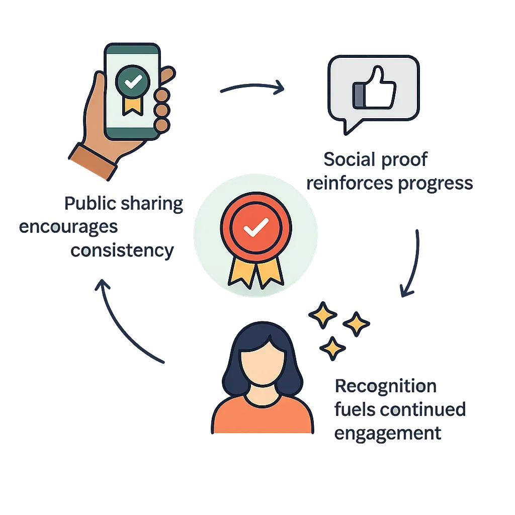 Cycle diagram: public sharing encourages consistency, social proof reinforces progress, recognition fuels engagement