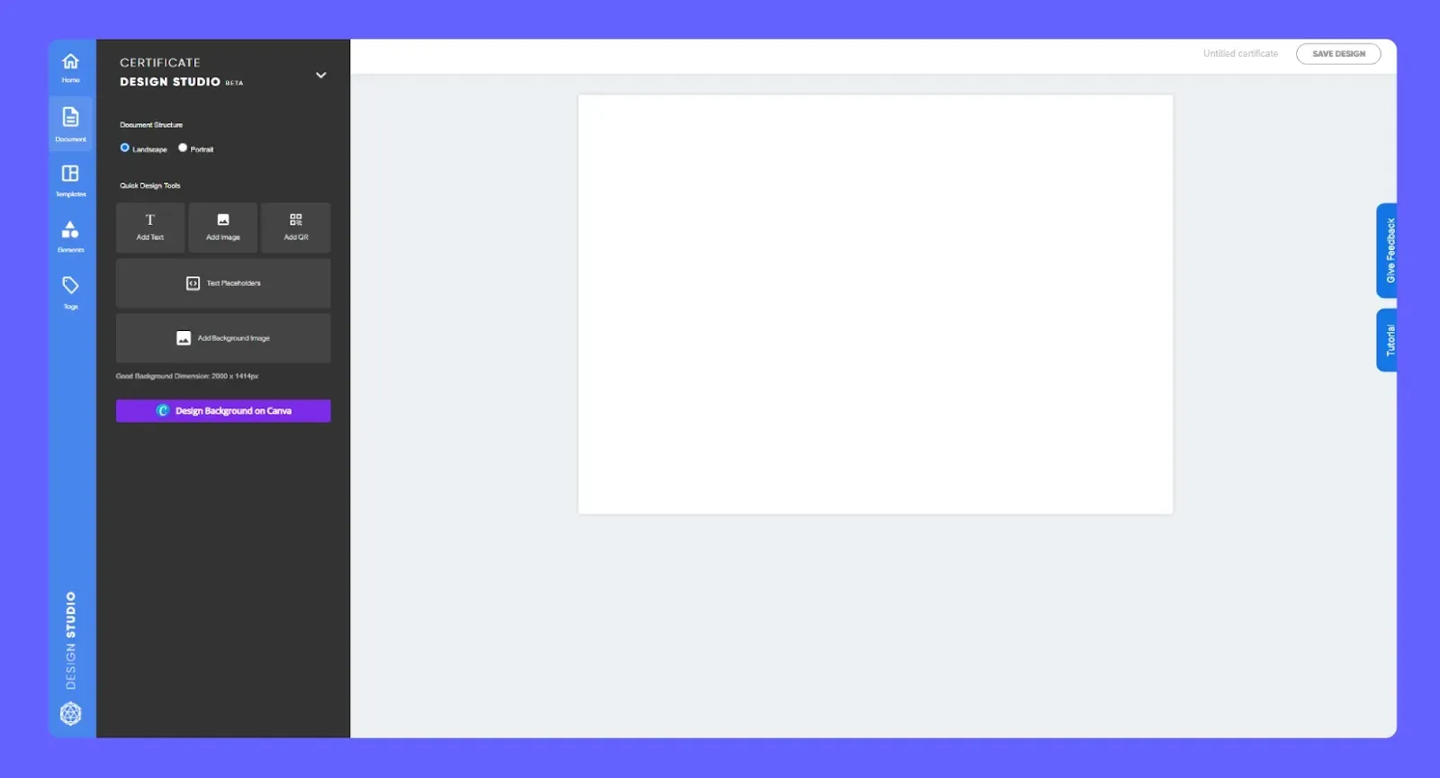 Hyperstack certificate design studio with a blank landscape canvas and quick design tools
