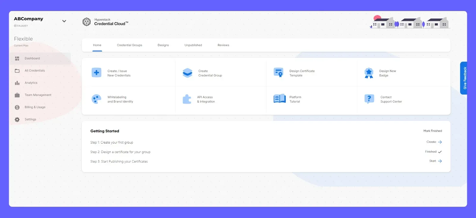 Hyperstack Credential Cloud dashboard with quick actions and a getting started checklist
