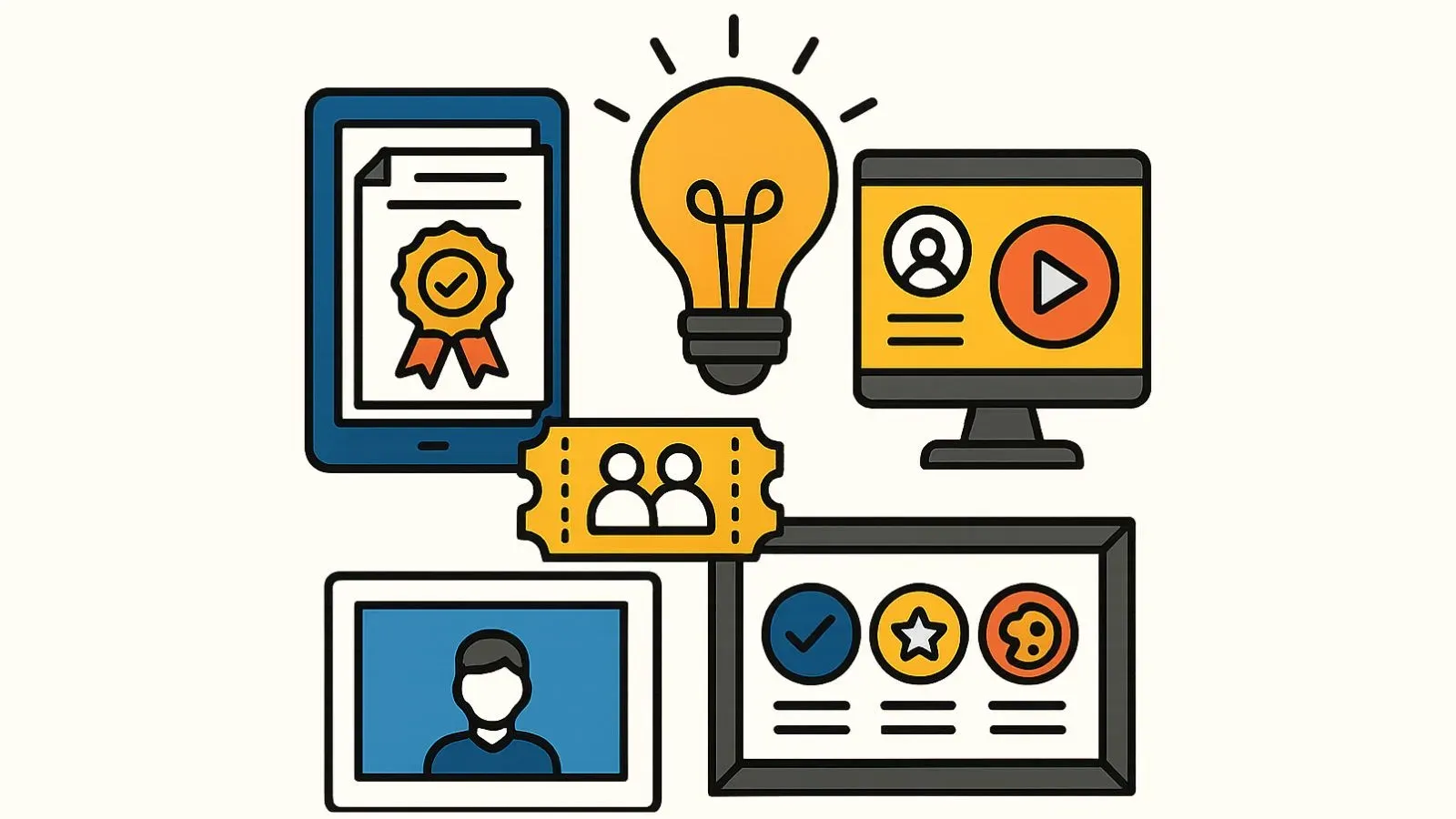 Icons of a digital certificate, video profile, event ticket and skill badges on screens