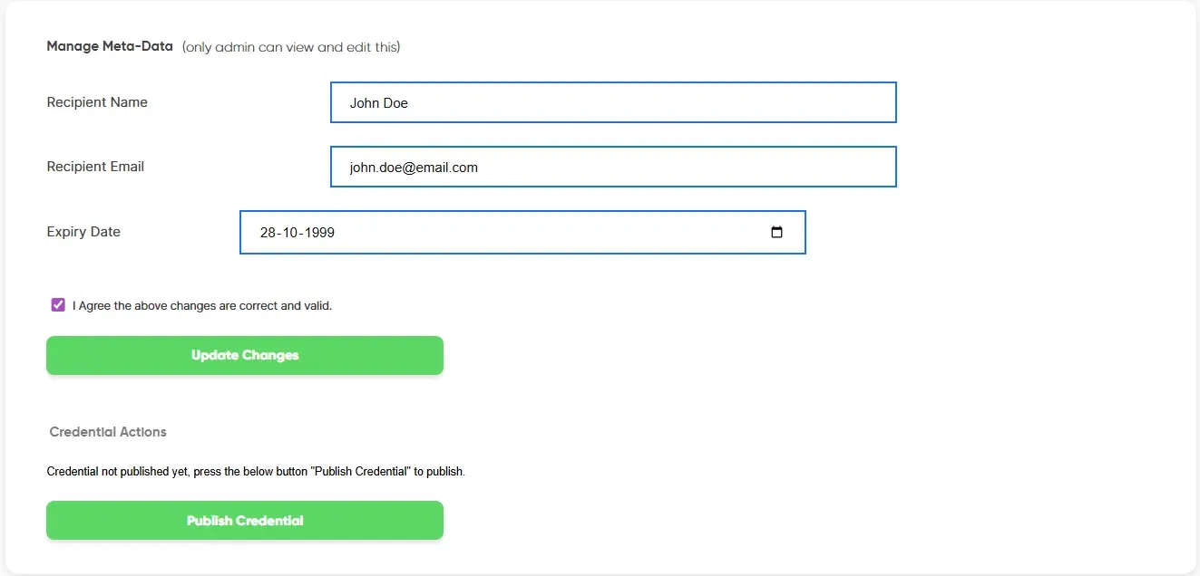 Hyperstack Manage Meta-Data form for editing recipient name, email and expiry date