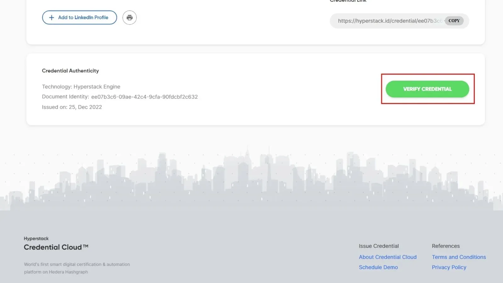 Credential authenticity section with the Verify Credential button highlighted