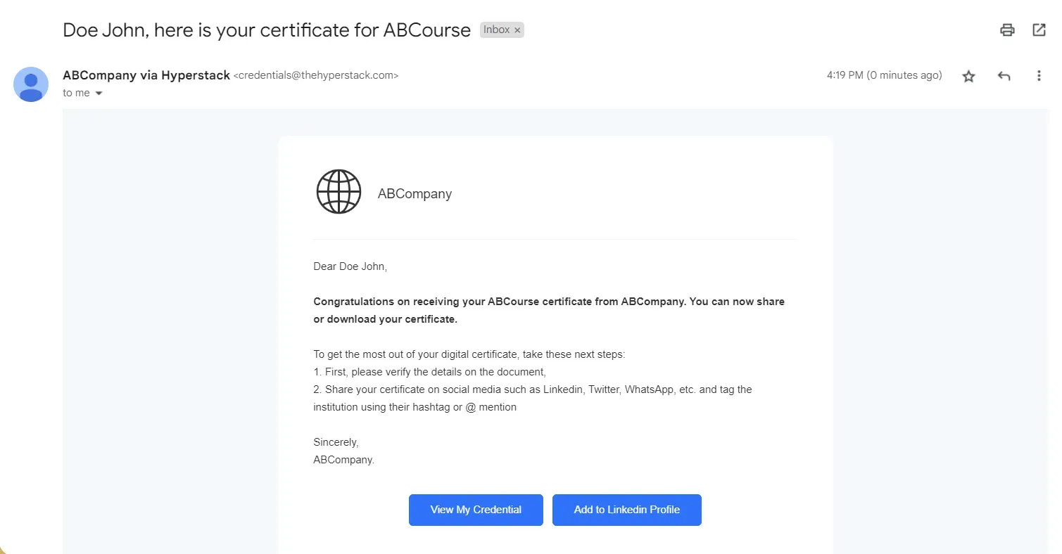 Credential email from ABCompany via Hyperstack with View My Credential and LinkedIn buttons
