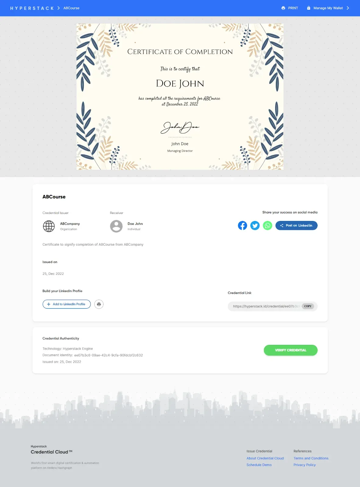 Hyperstack credential page showing a certificate of completion with share, LinkedIn and verify options