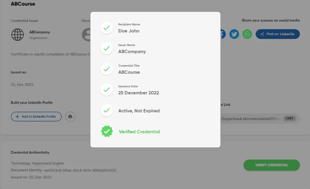Verification result confirming recipient, issuer, title, issue date and active status of a credential
