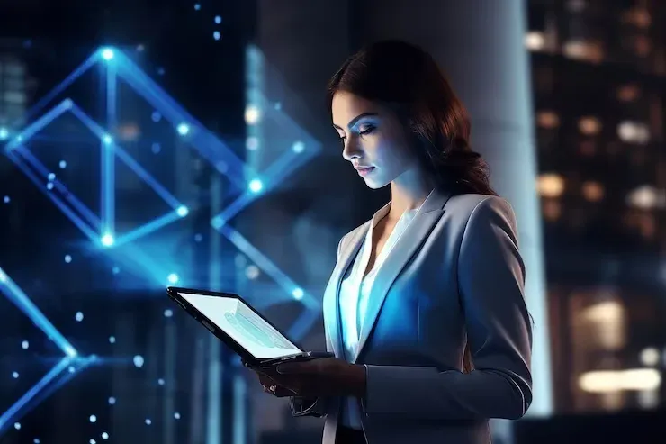 Businesswoman reading a tablet against a glowing network background