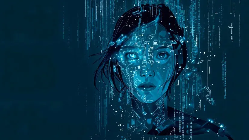Digital portrait of a woman's face made of code and circuit patterns