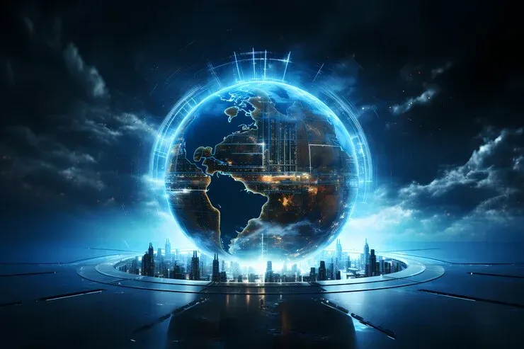 Glowing globe above a futuristic city skyline at night