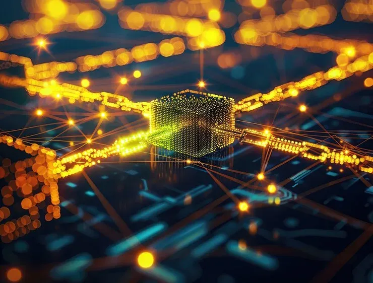 Glowing golden chain of blocks linked across a network