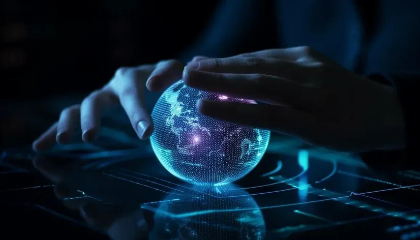Hands holding a glowing holographic globe