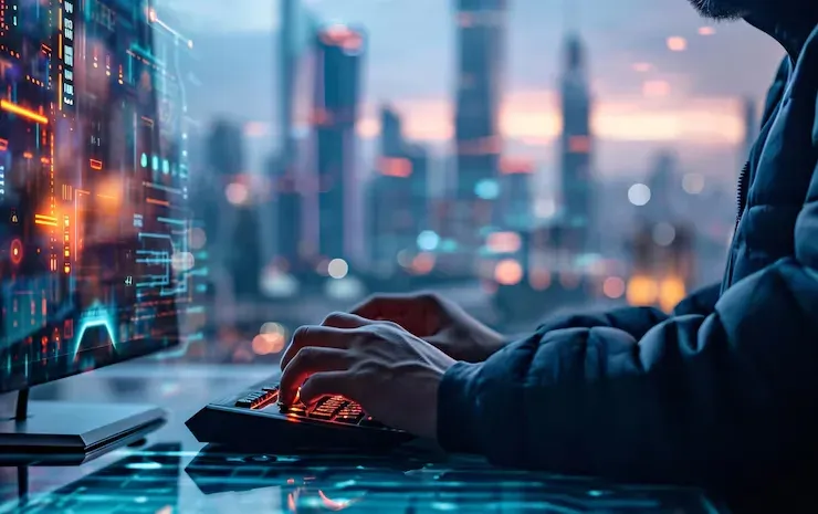 Hands typing on a backlit keyboard beside a screen of code and a city view