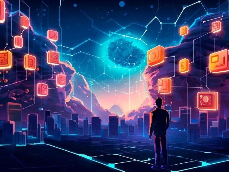 Illustration of a person facing a glowing network of finance app icons