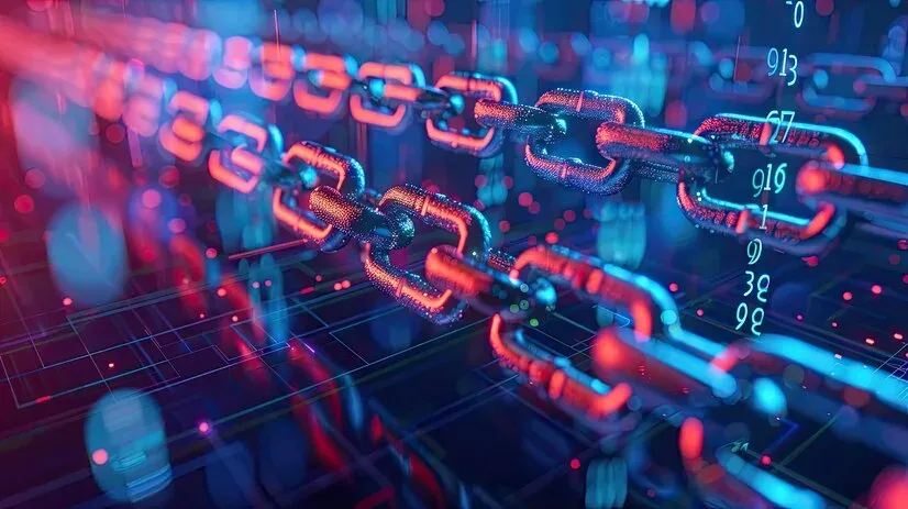 Neon red and blue chain links with floating digits