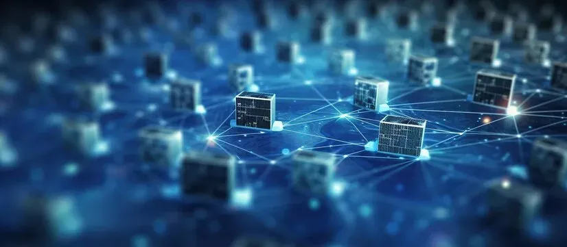 Network of connected computer nodes on a blue grid