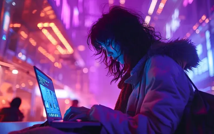 Woman working on a laptop under neon purple lights