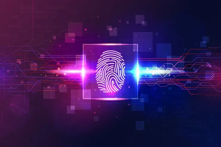 Glowing fingerprint scan on a purple digital circuit background