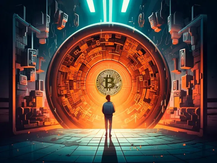 Illustration of a person standing before a vault door with a Bitcoin symbol