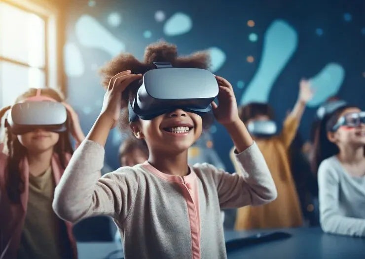 Smiling children wearing virtual reality headsets in a classroom