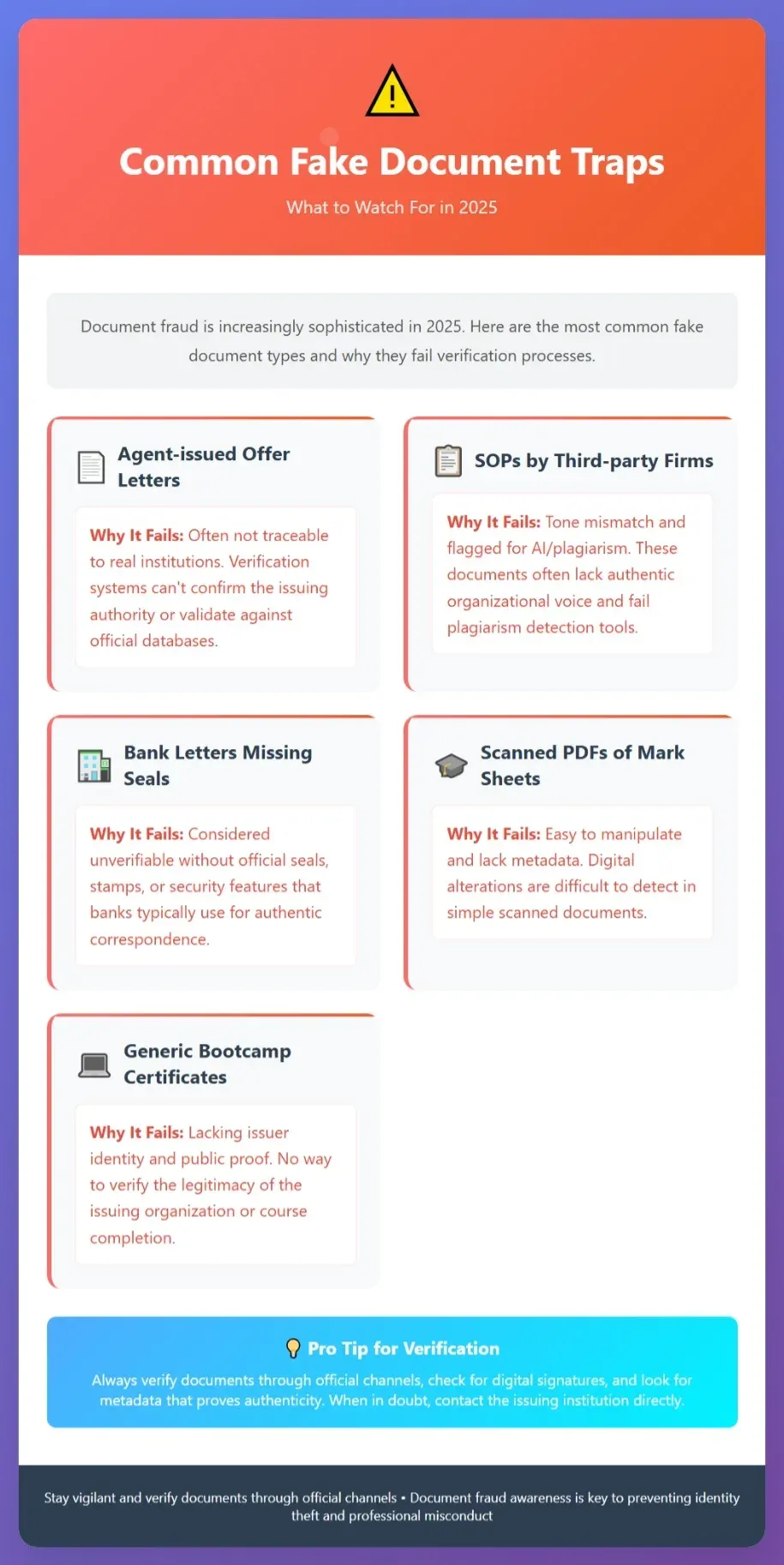 Common fake document traps in 2025, such as agent offer letters and scanned mark sheets